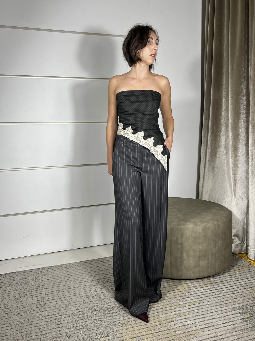pantalone gessato a palazzo grigio TF1809GRIGIO SCURO VICOLO