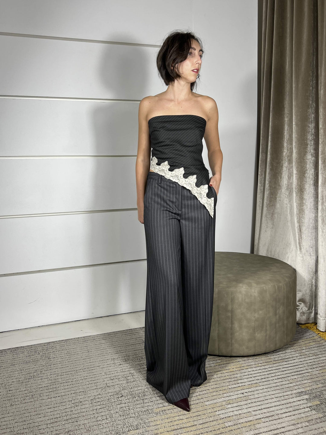 pantalone gessato a palazzo grigio TF1809GRIGIO SCURO VICOLO