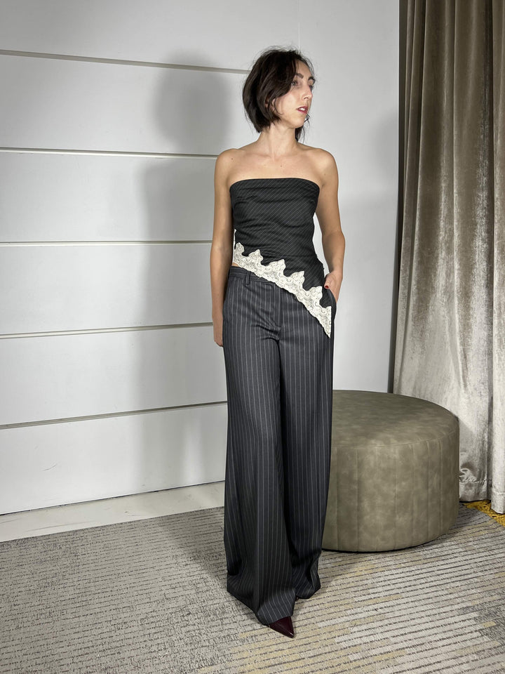 pantalone gessato a palazzo grigio TF1809GRIGIO SCURO VICOLO