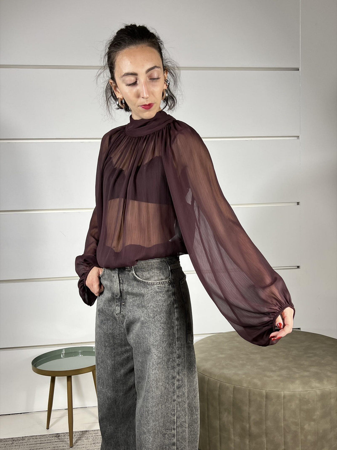 camicia semitrasparente con fiocco nel retro vino S01E0439VINO PHILIA LOFT