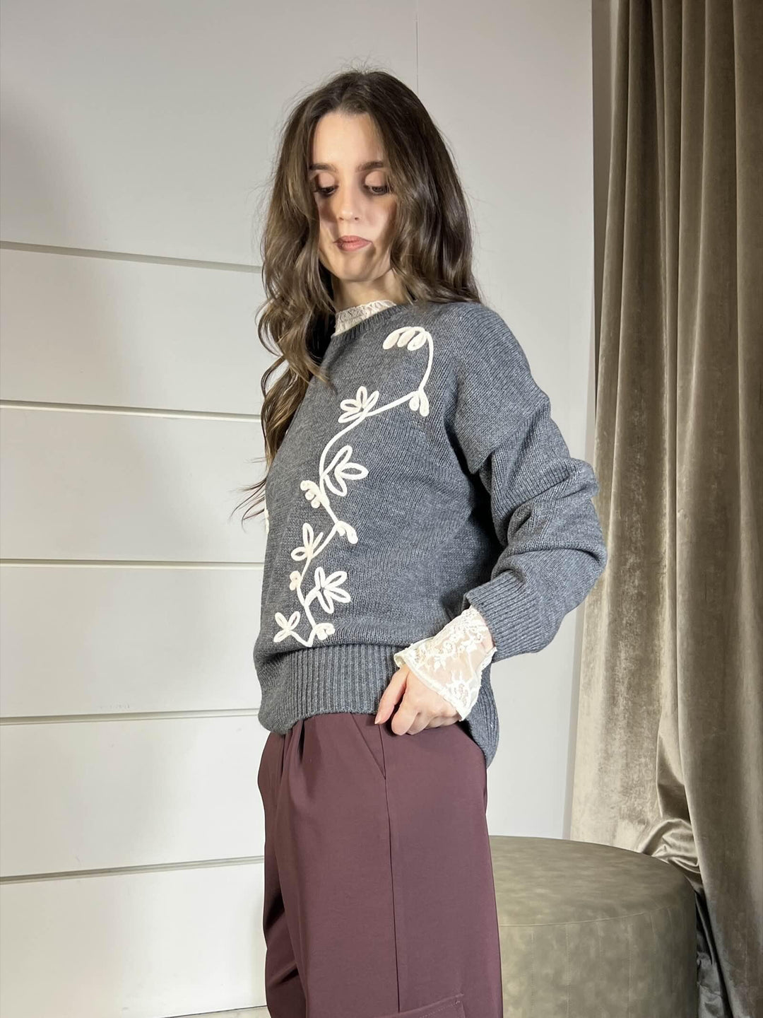 maglione girocollo con ricami charcoal misto lana W5HMJ64A400CHARCOAL TENSIONE IN