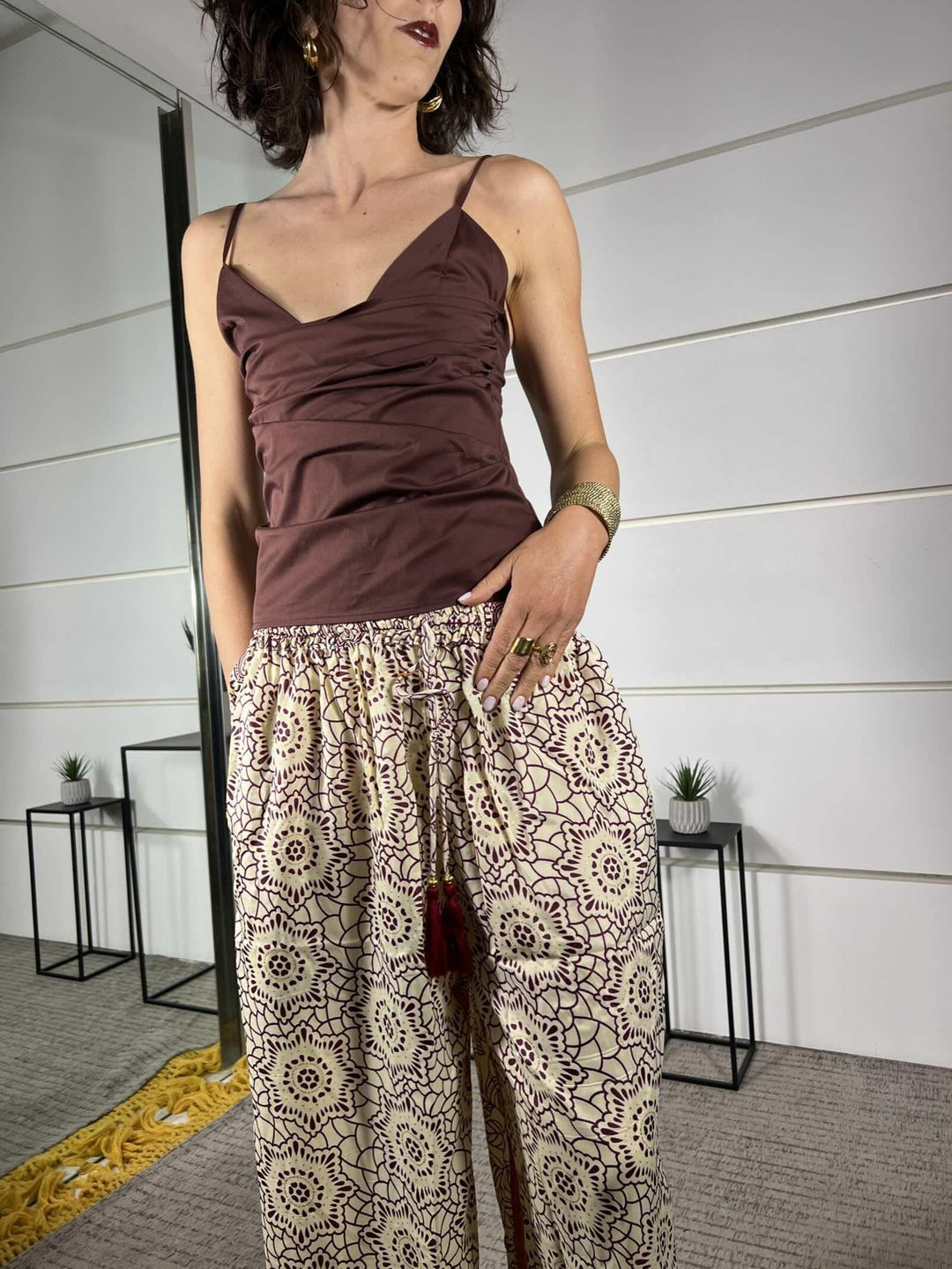 pantalone a palazzo fantasia etnica burro viola e arancio in misto seta A002BURRO/VIOLA/ARANCIO SPICY CAFE