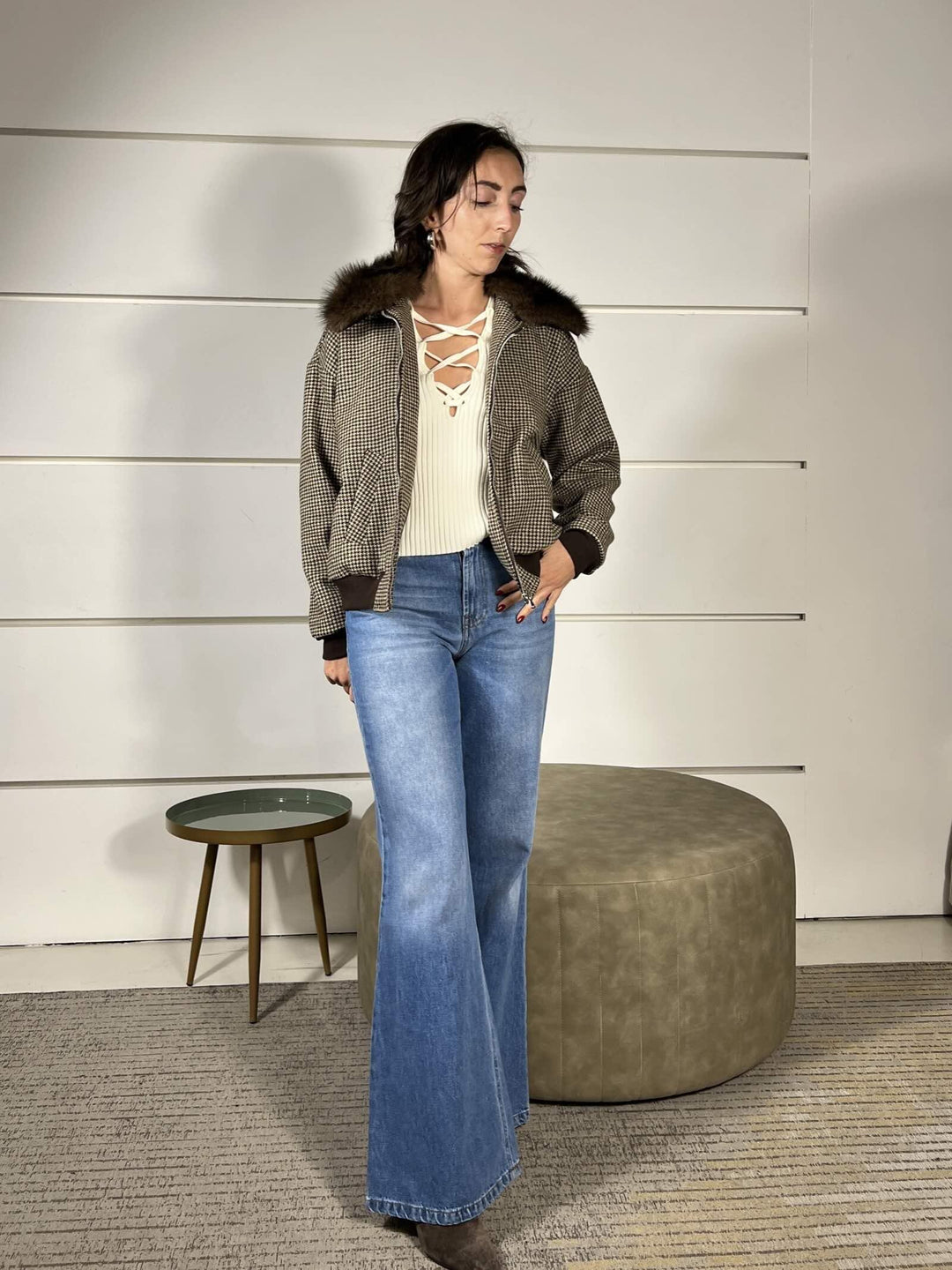 bomber check in misto lana con collo in pelliccia staccabile 51497MORO SUSY MIX