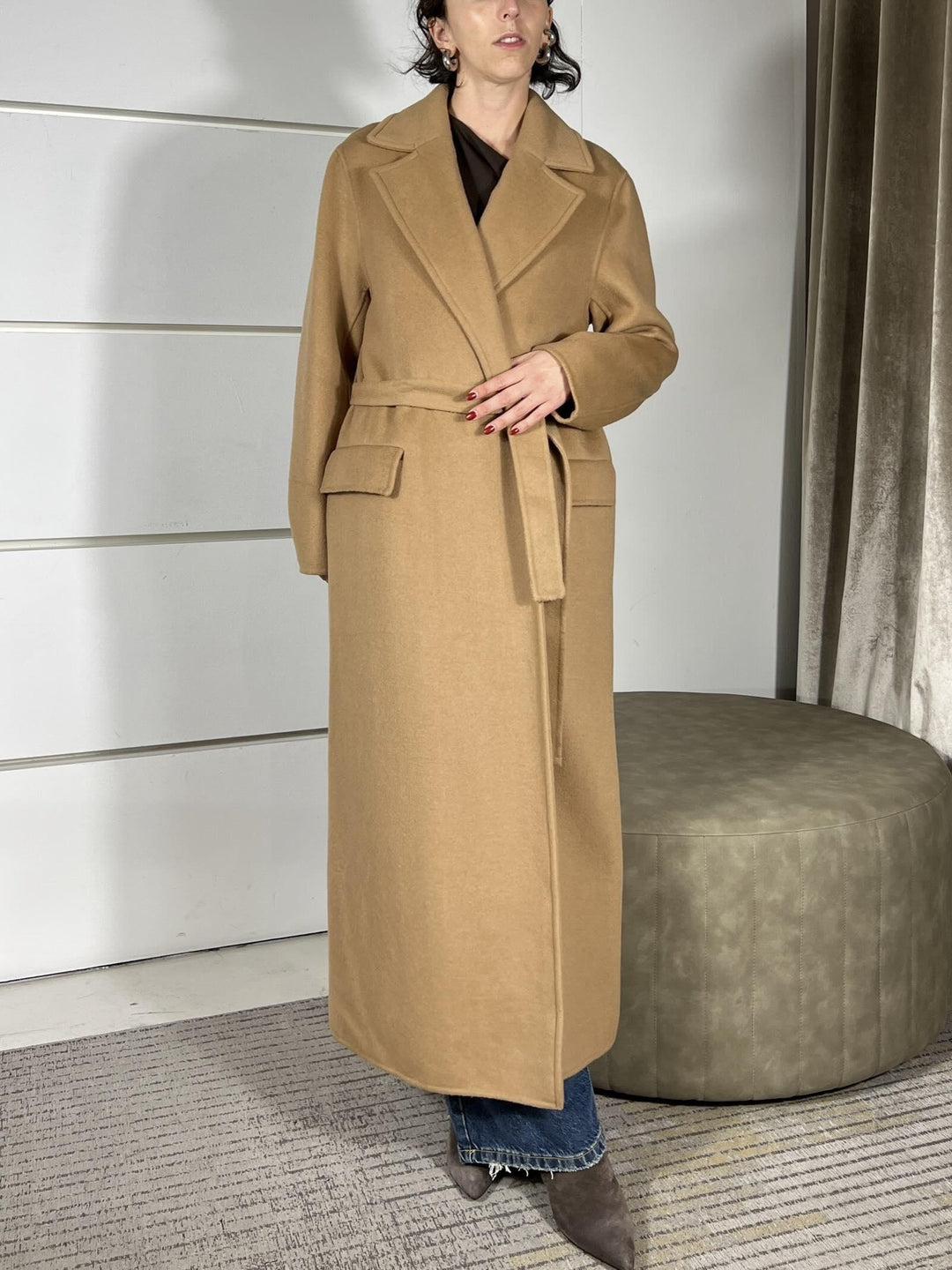 cappotto lungo con cinta e interno tarpuntato hand made 50%wo 50%pl lining 55%pl 45%vi  padding 100%$pl TF0058CAMMELLO VICOLO