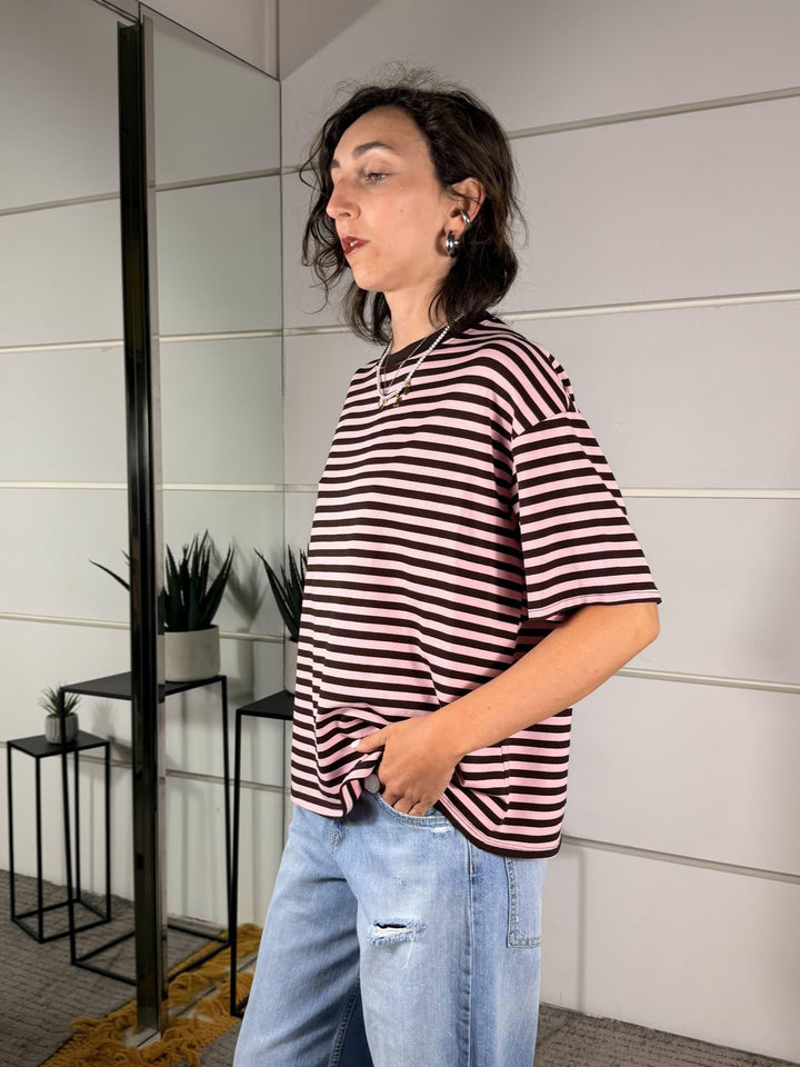 t-shirt a righe girocollo manica corta rosa e marrone 10060ROSA/MARRONE SPICY CAFE