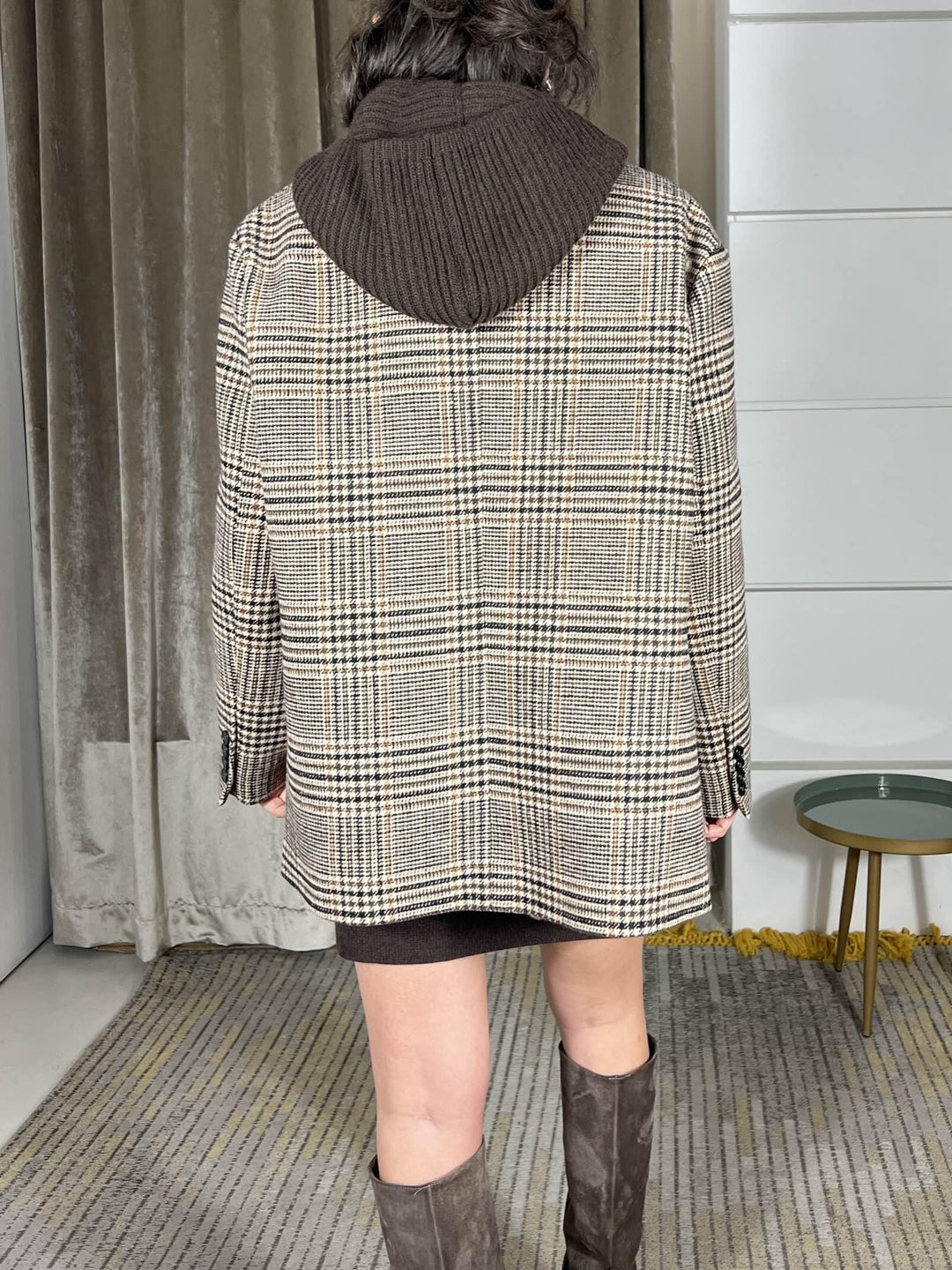 giacca cappotto pied de poule con cappuccio in maglia staccabile TF2084MORO/BURRO/BRUCIATO VICOLO