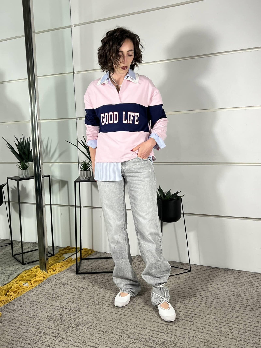 felpa a polo con scritta good life rosa e blu PE260081ROSA/BLU TENSIONE IN