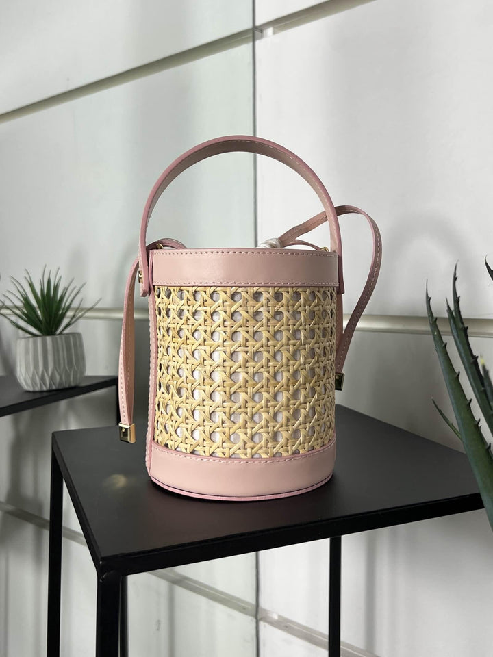 borsa secchiello a intreccio con inserti in pelle rosa e. tracolla in pelle RF-B0173ROSA FEMME CAFE SELECTION
