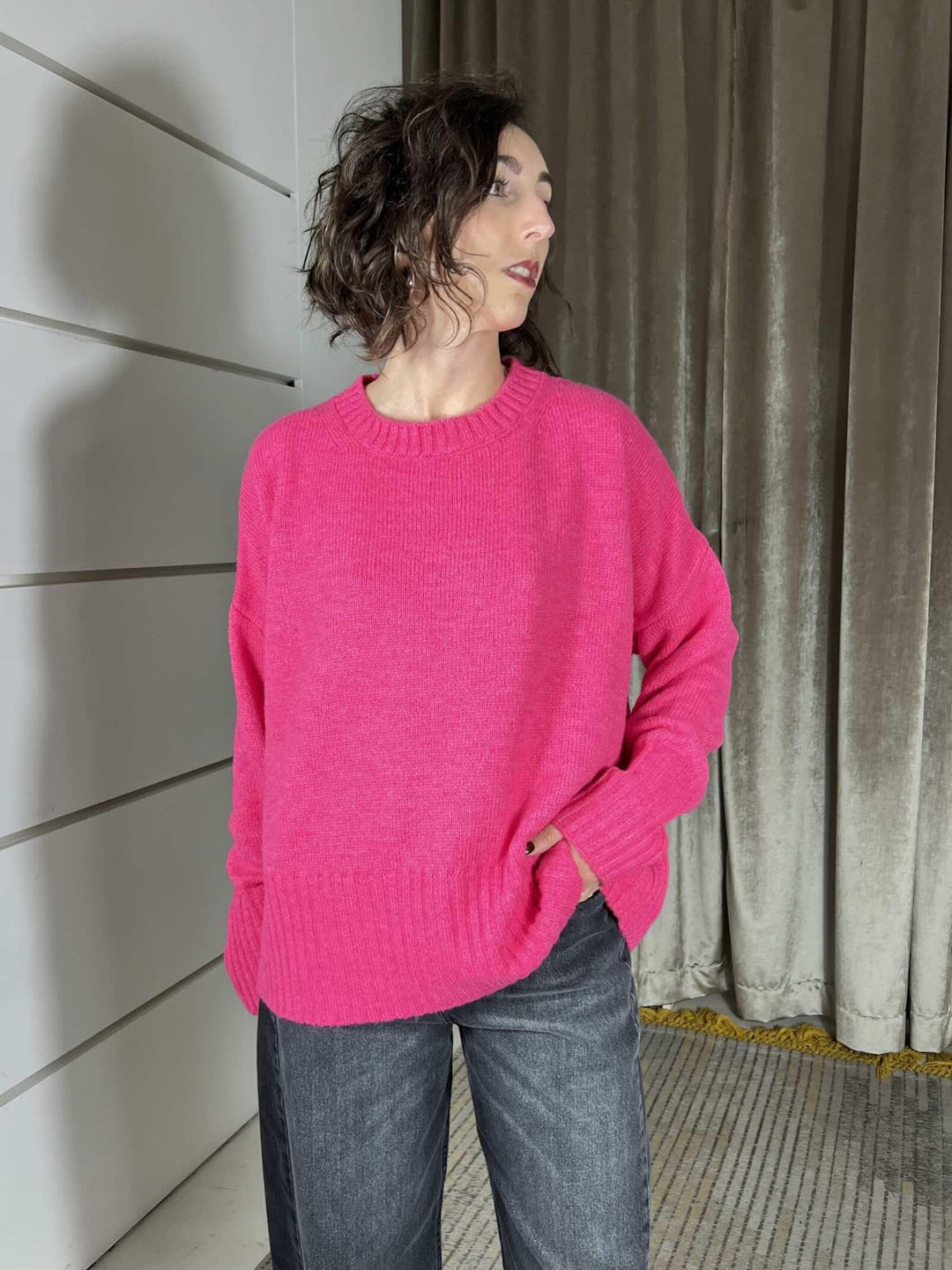 maglione girocollo con coste in misto lana rasata  fuxia W5HMJ87A373FUXIA TENSIONE IN