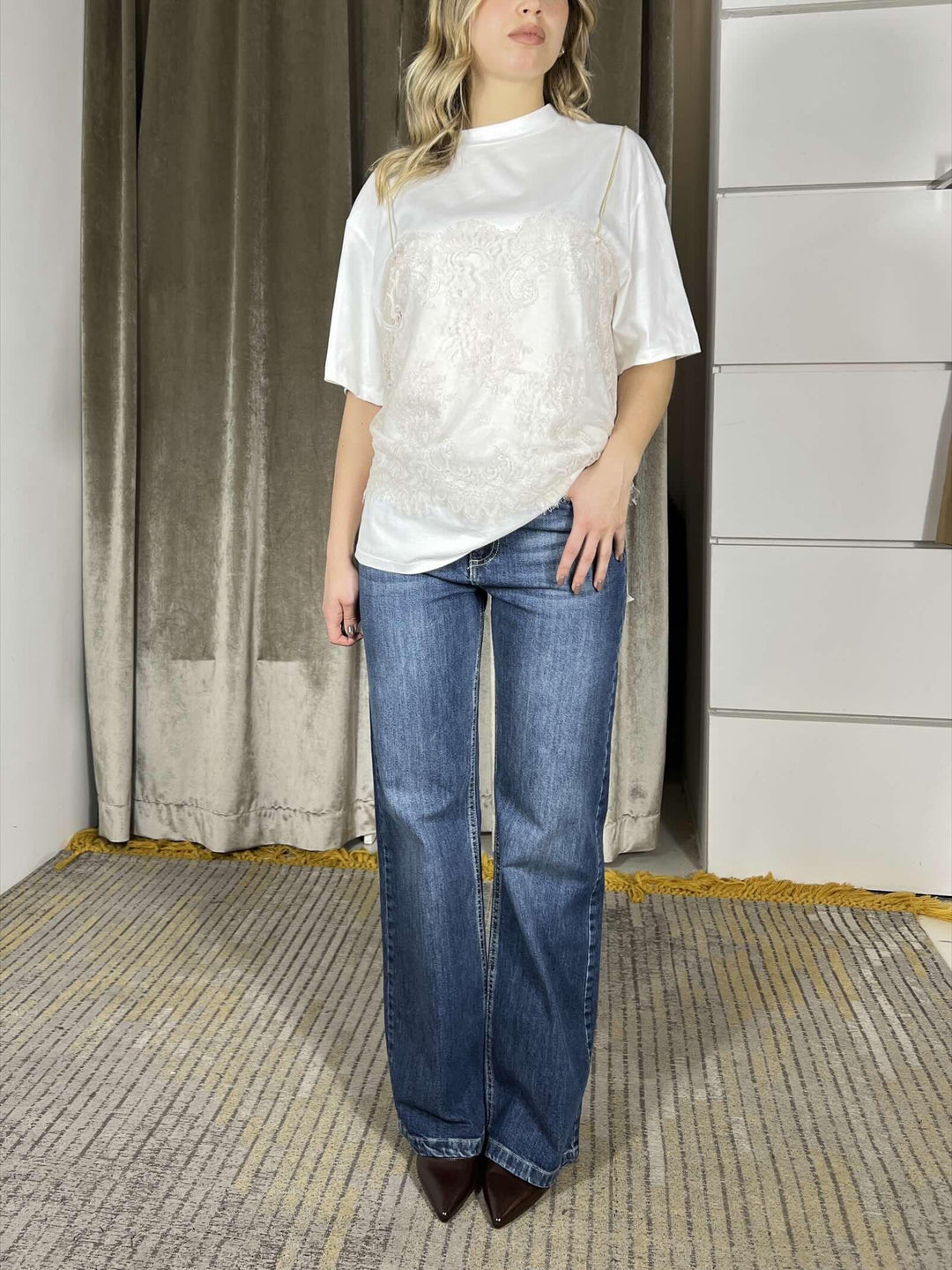 t-shirt bianca con top in pizzo ecru PE260052PANNA/ECRU TENSIONE IN