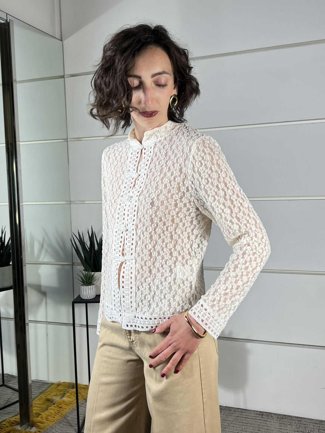 camicia in pizzo con alamari burro S3660LATTE SUSY MIX