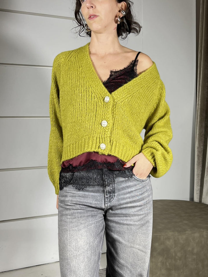 cardigan olio scollo a v con bottone gioiello JIT-P021OLIO HAVE ONE