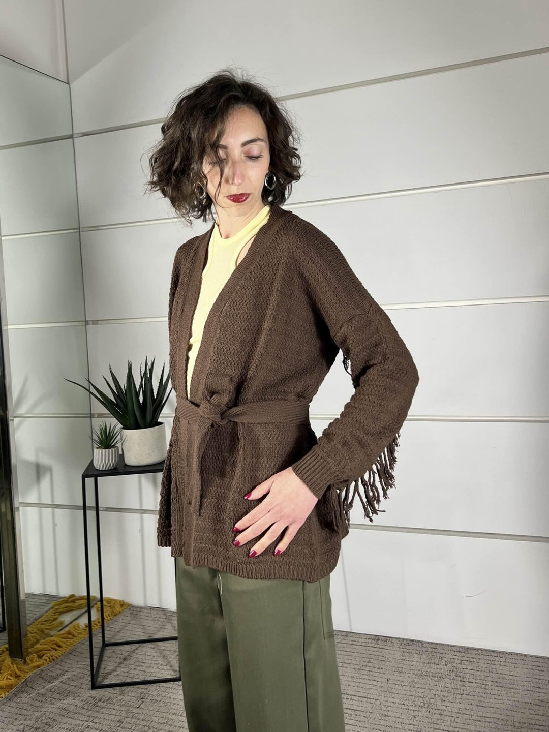 cardigan con frange nella manica e cinta in vita caffe WCAR26SA513CAFFE TWO WAY