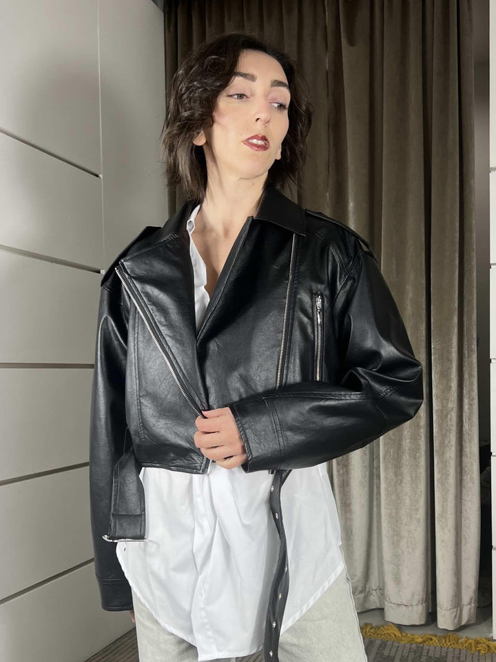 chiodo in ecopelle crop nera PP341T102NERO SUSY MIX
