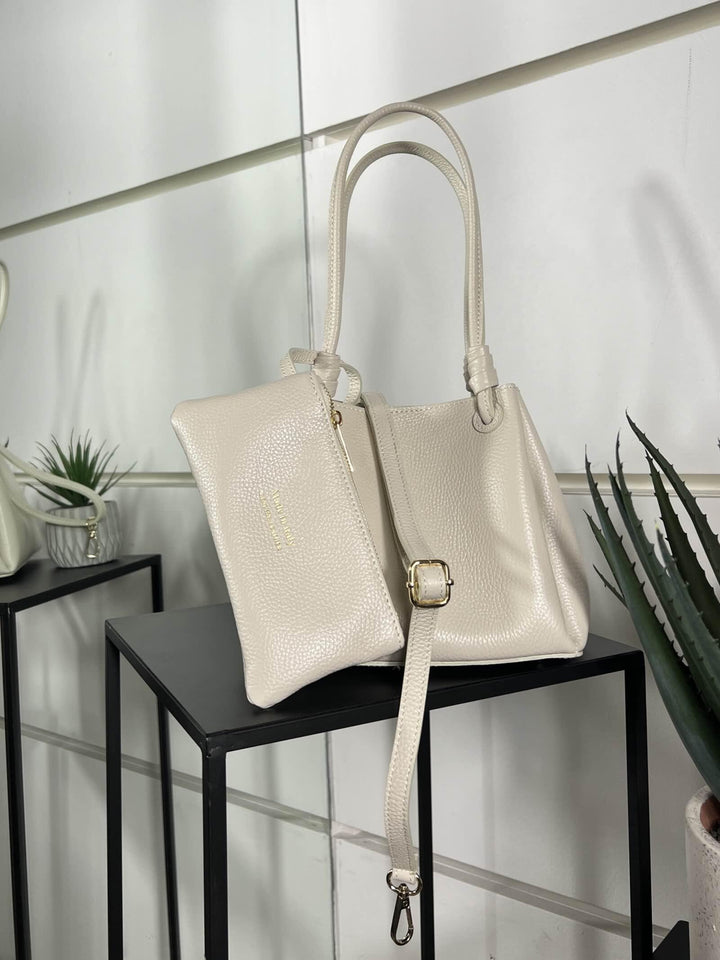 borsa a secchiello beige in vera pelle con pochette e tracolla DO-B0210BEIGE FEMME CAFE SELECTION