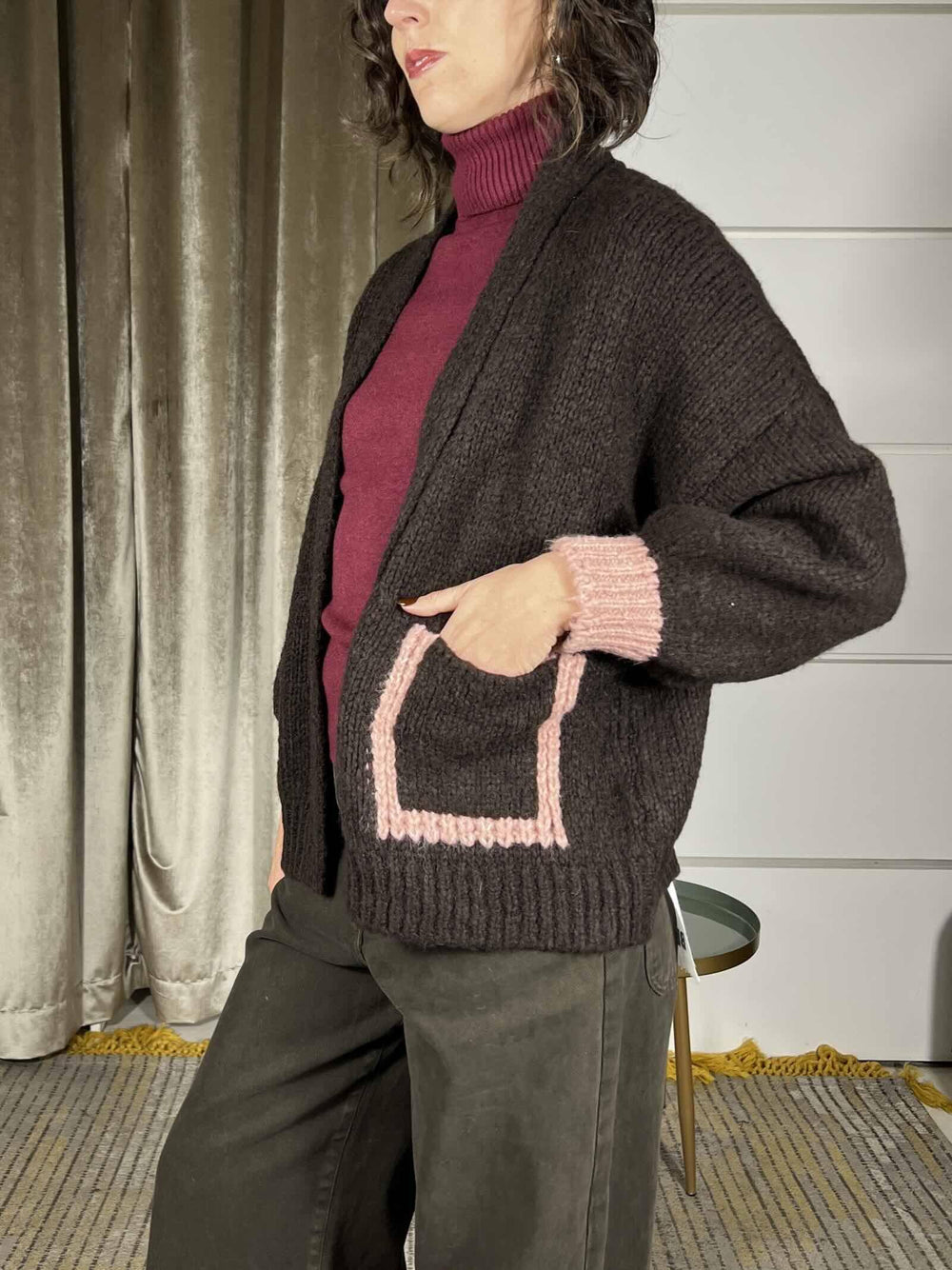 cardigan moro over con tasche bicolore rosa JIT-P023MORO HAVE ONE