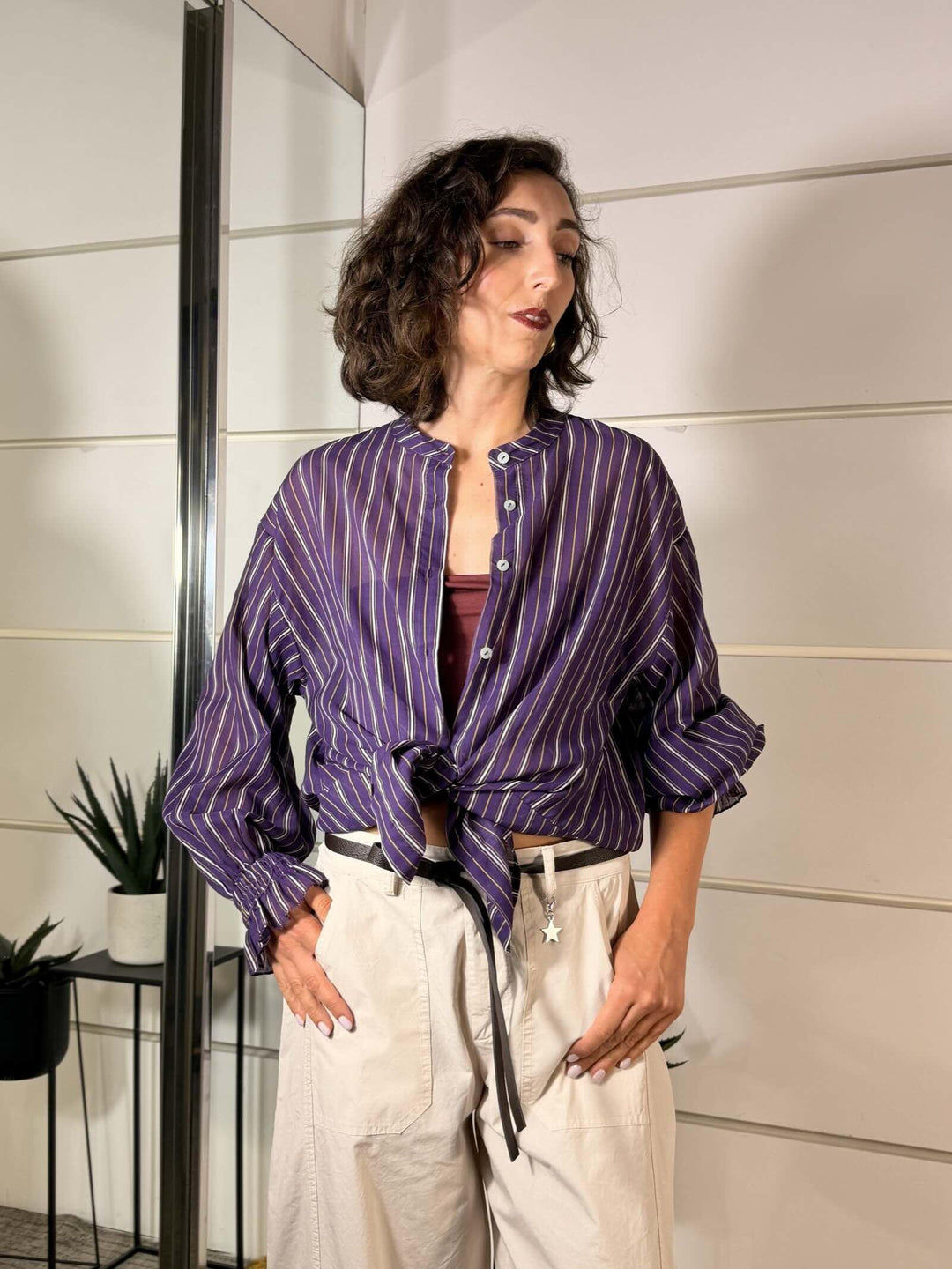 camicia in mussola di cotone viola a righe 60425CM2998VIOLA SUSY MIX