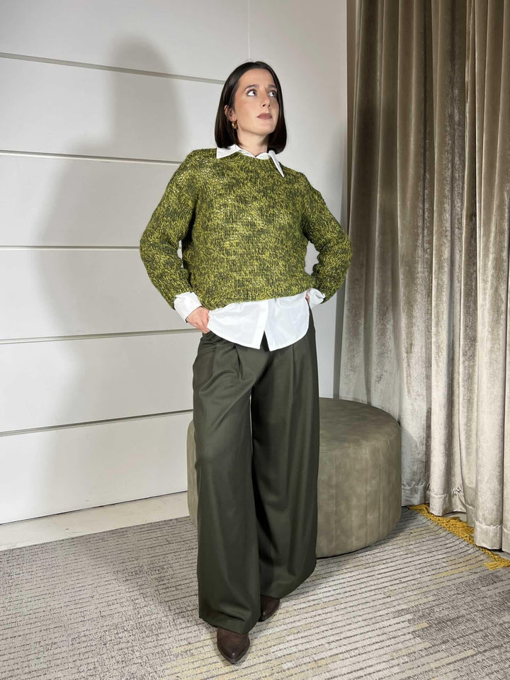PANTALONE VERDE A PALAZZO CON PINCES IN FLANELLA TF1830VERDE MILITARE VICOLO