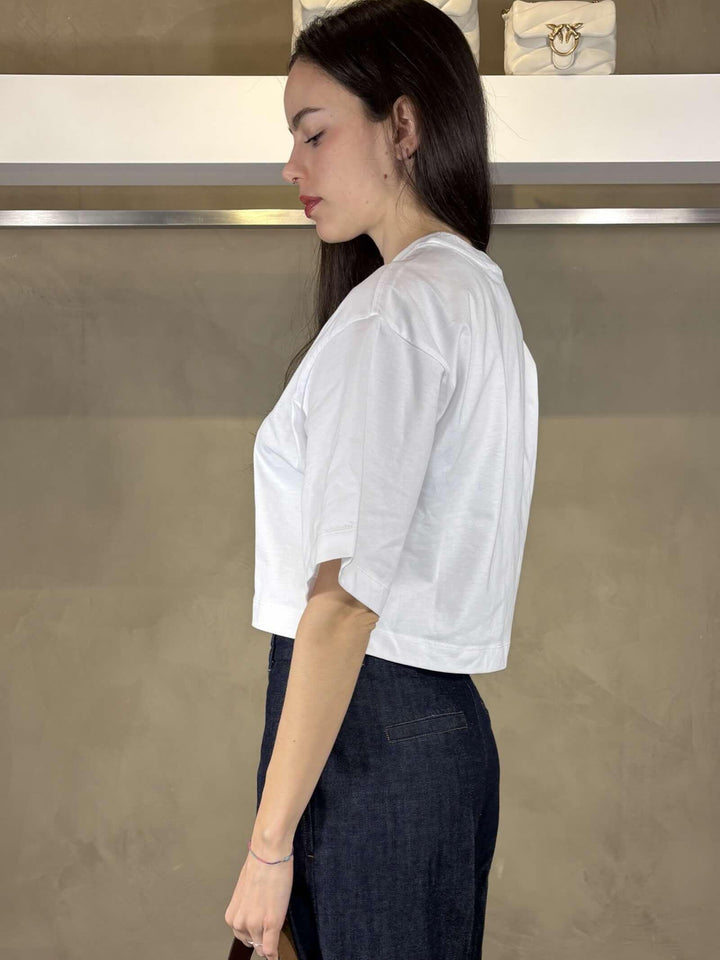 t-shirt cropped bianca con logo ricamato avorio BORGHETTOZ04 PINKO