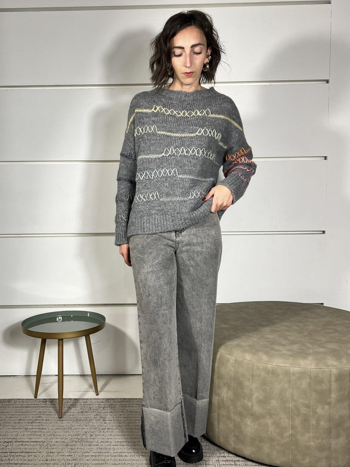 maglione grigio girocollo con fili colorati in misto lana 11716CGRIGIO SUSY MIX