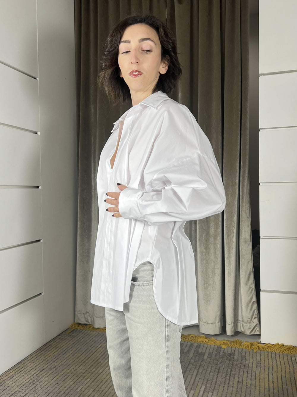 camicia latte con dettaglio pieghe in vita, CVS-Q037LATTE HAVE ONE