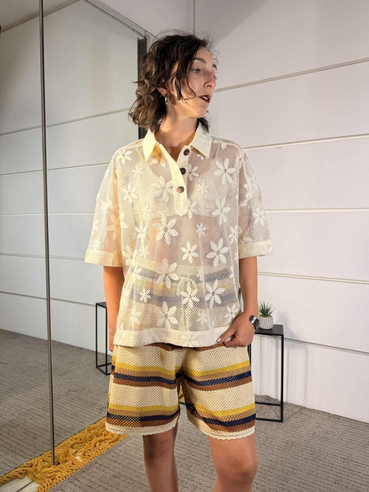 maglia a polo a rete con fiori panna WM2732PANNA SPICY CAFE