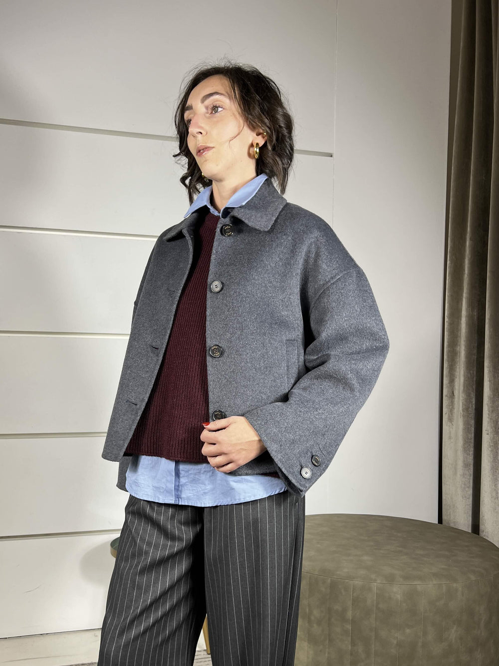 cappotto con collo a camicia 50% lana hand made grigio TF0011GRIGIO VICOLO