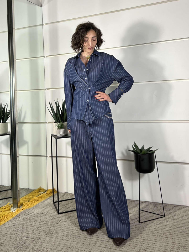 pantalone ampio gessato con cintura PVS-Q354BLU HAVE ONE