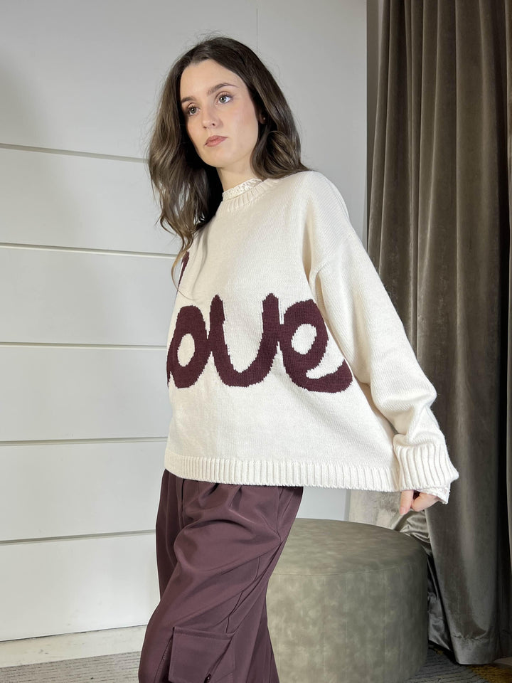 maglione girocollo burro con scritta love burgundy W5HMJ70A400BURGUNDY TENSIONE IN