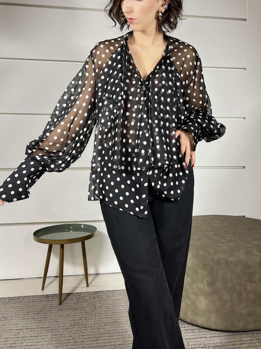 camicia con pois e rouches nera e panna CNE5KHD2908 IMPERIAL