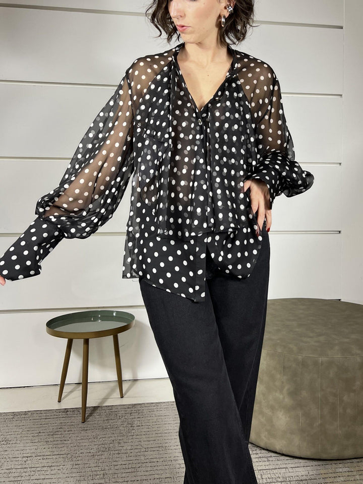 camicia con pois e rouches nera e panna CNE5KHD2908 IMPERIAL