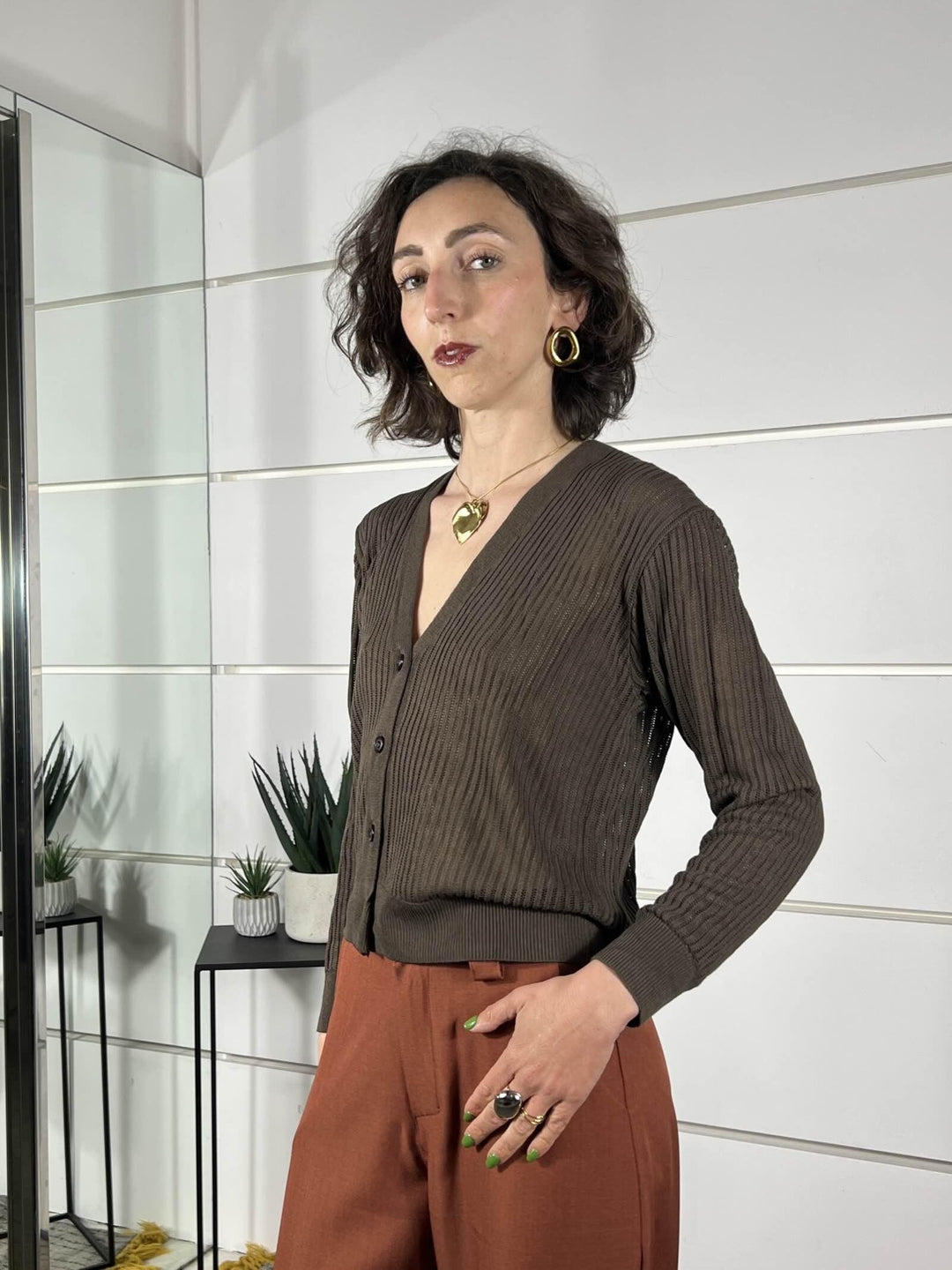 cardigan traforato scollo a v moro in viscosa 61211MORO SUSY MIX