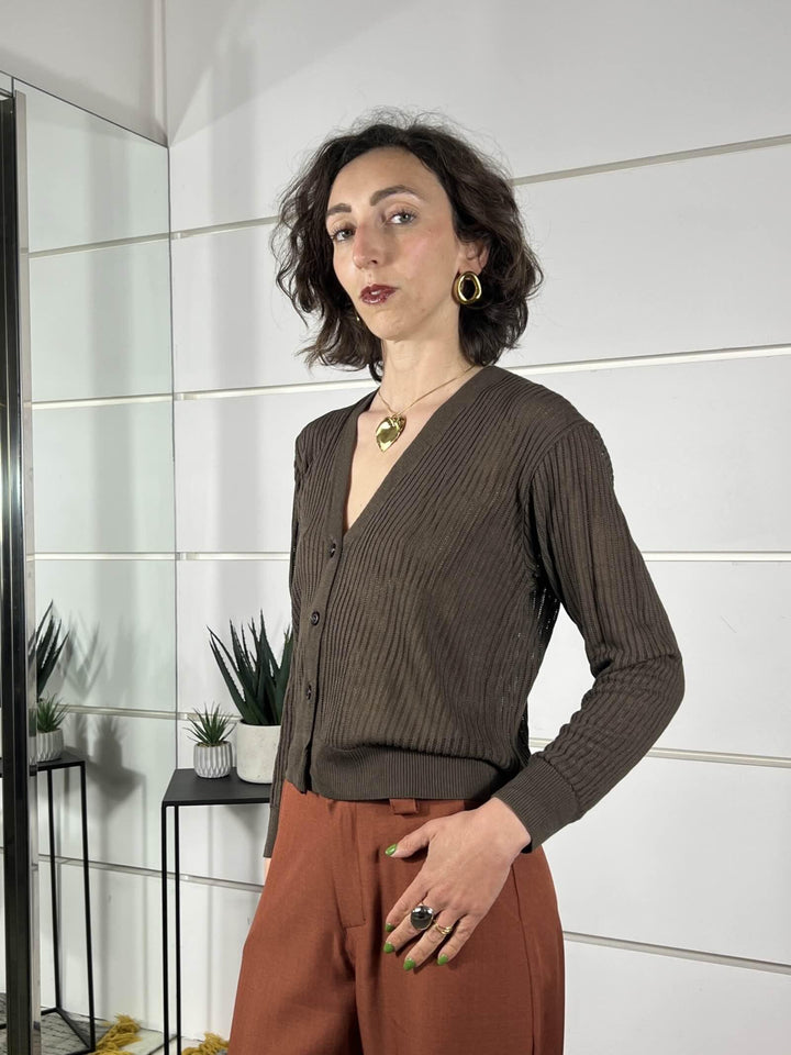 cardigan traforato scollo a v moro in viscosa 61211MORO SUSY MIX