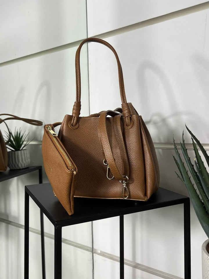 borsa a secchiello cuoio in vera pelle con pochette e tracolla DO-B0210CUOIO FEMME CAFE SELECTION