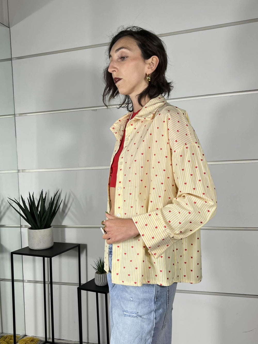 camicia a righe giallo e bianco con cuori rossi 0065CUORI/GIALLO SPICY CAFE