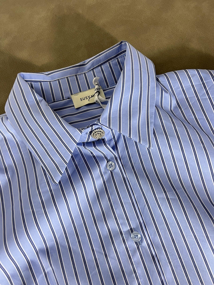 camicia righe azzurra con bottone gioiello 748BSAZZURRO SUSY MIX