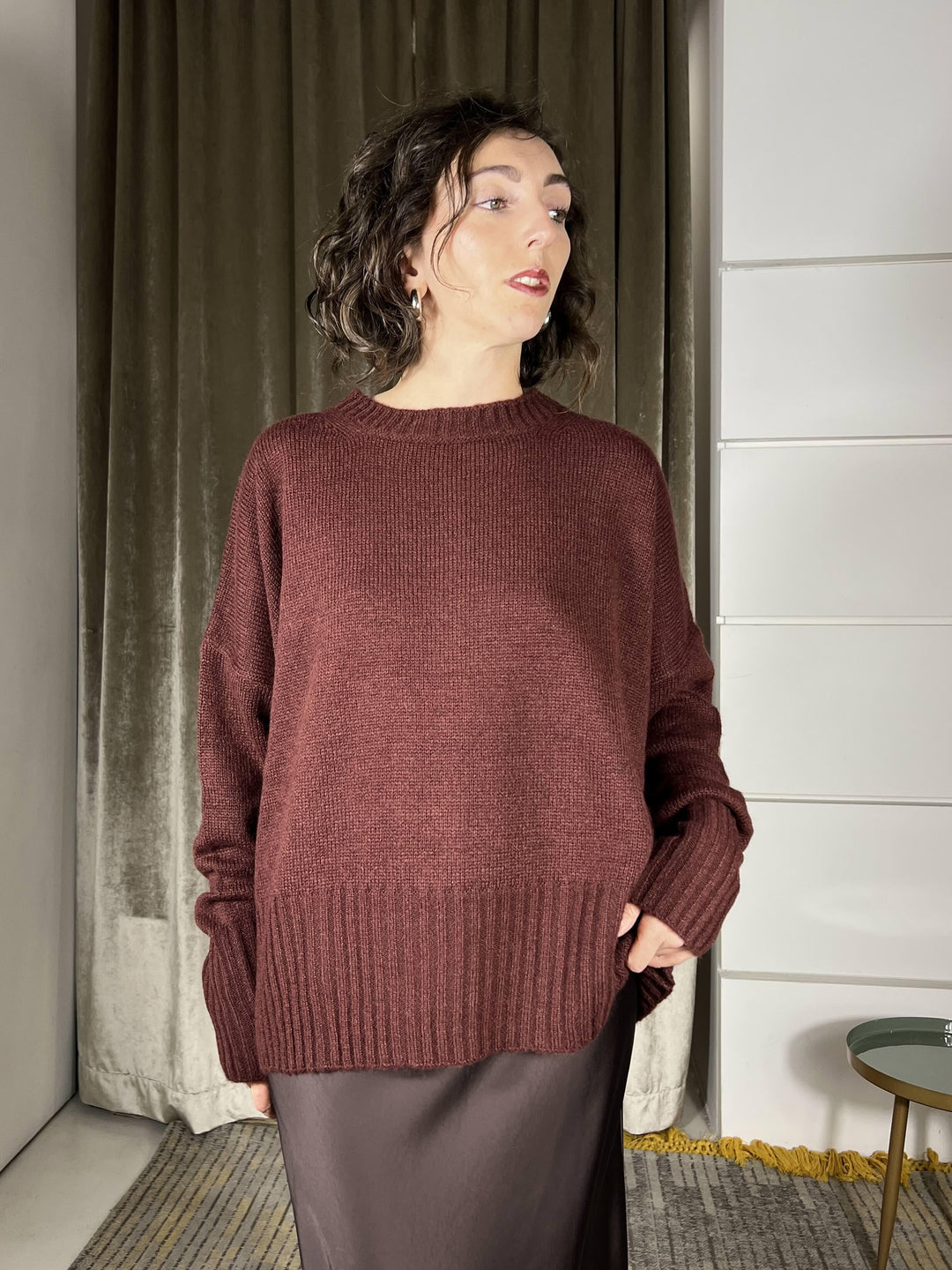 maglione girocollo con coste in misto lana  rasata burgundy W5HMJ87A373BURGUNDY TENSIONE IN