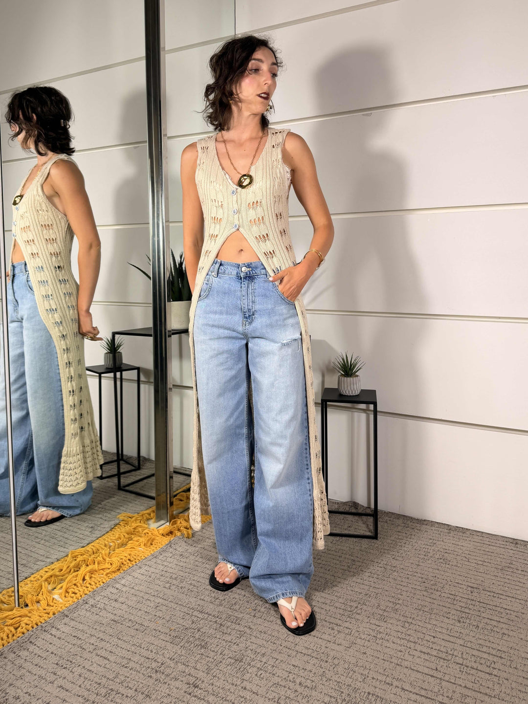 gilet lungo crochet beige CG-7110-COBEIGE SPICY CAFE