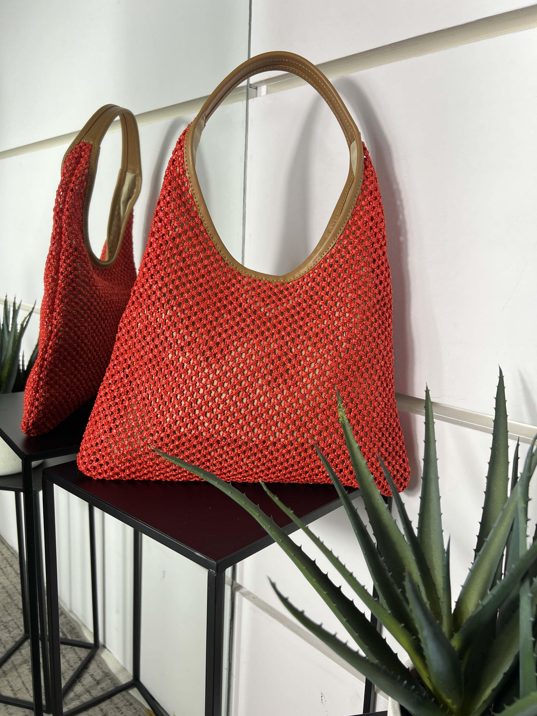 borsa a spalla in rafia rossa con inserti in pelle RF-B0182ROSSO FEMME CAFE SELECTION