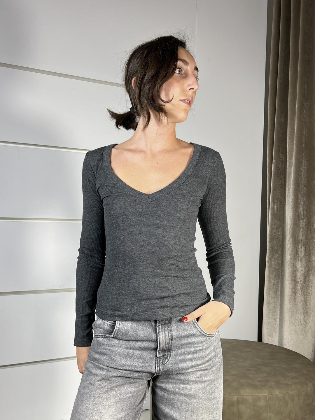 t.shirt scollo a v manica lunga a costinegrigio antracite UF0038GRIGIO ANTRACITE VICOLO