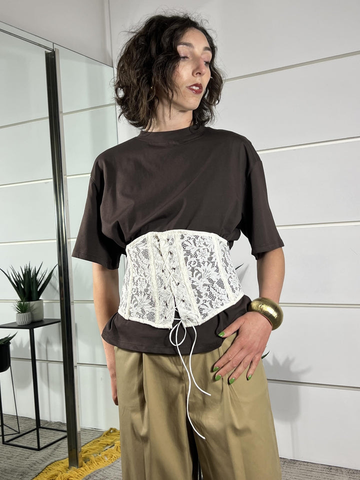 t-shirt manica corta girocollo con bustino staccabile PE260165MORO/BURRO TENSIONE IN