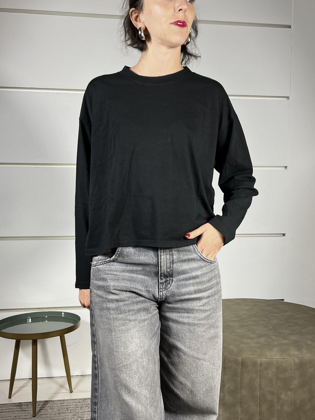 T-SHIRT NERA IN COTONE MANICA LUNGA GIROCOLLO MJS-P123NERO HAVE ONE