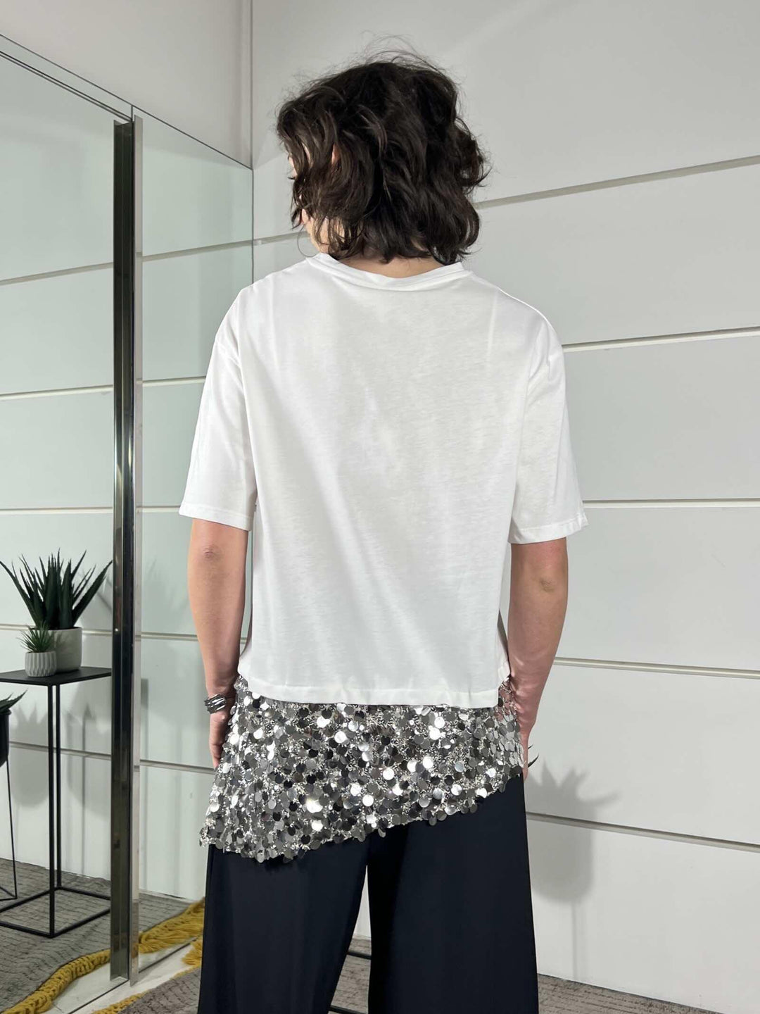 t-shirt girocollo manica corta  con paillettes nel fondoargento PE260187PANNA TENSIONE IN