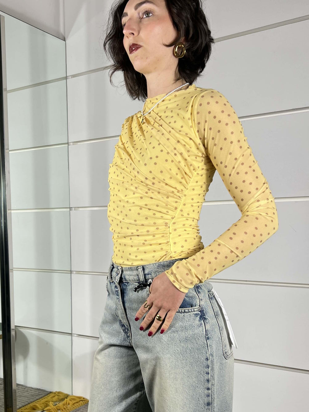 body a pois giallo in tulle con arricciatura sul fianco LD5048GIALLO LUMINA