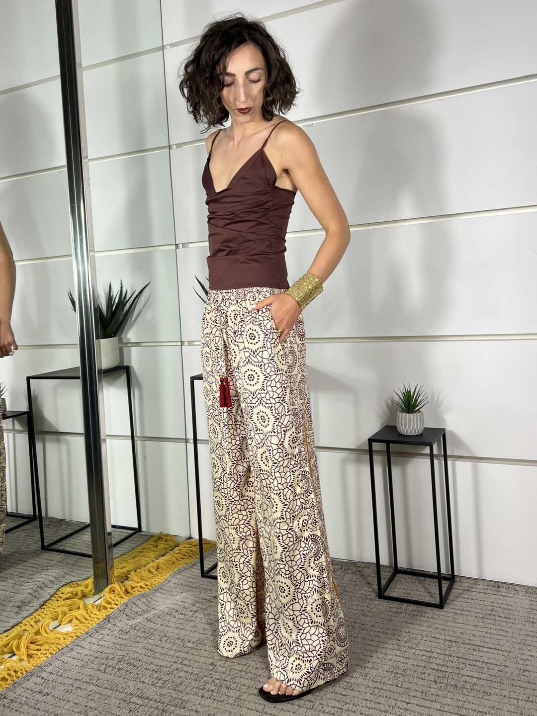 pantalone a palazzo fantasia etnica burro viola e arancio in misto seta A002BURRO/VIOLA/ARANCIO SPICY CAFE