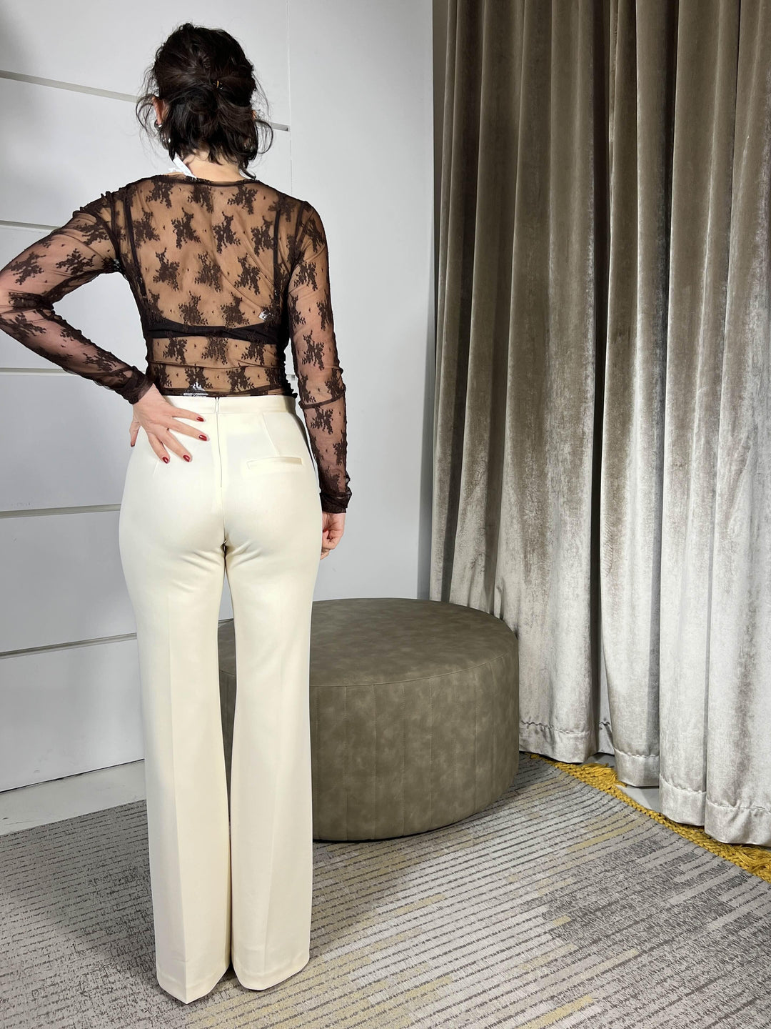 pantalone a zampa gesso con inserti in raso P3E9KAW1132 IMPERIAL