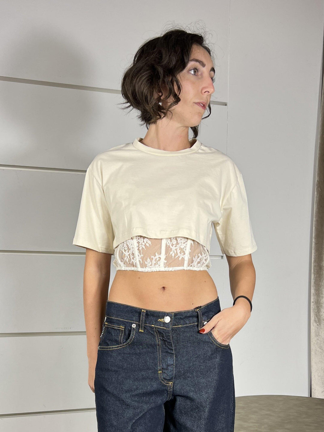 T-SHIRT BURRO CROP CON TOP IN PIZZO RMA-P026BURRO HAVE ONE