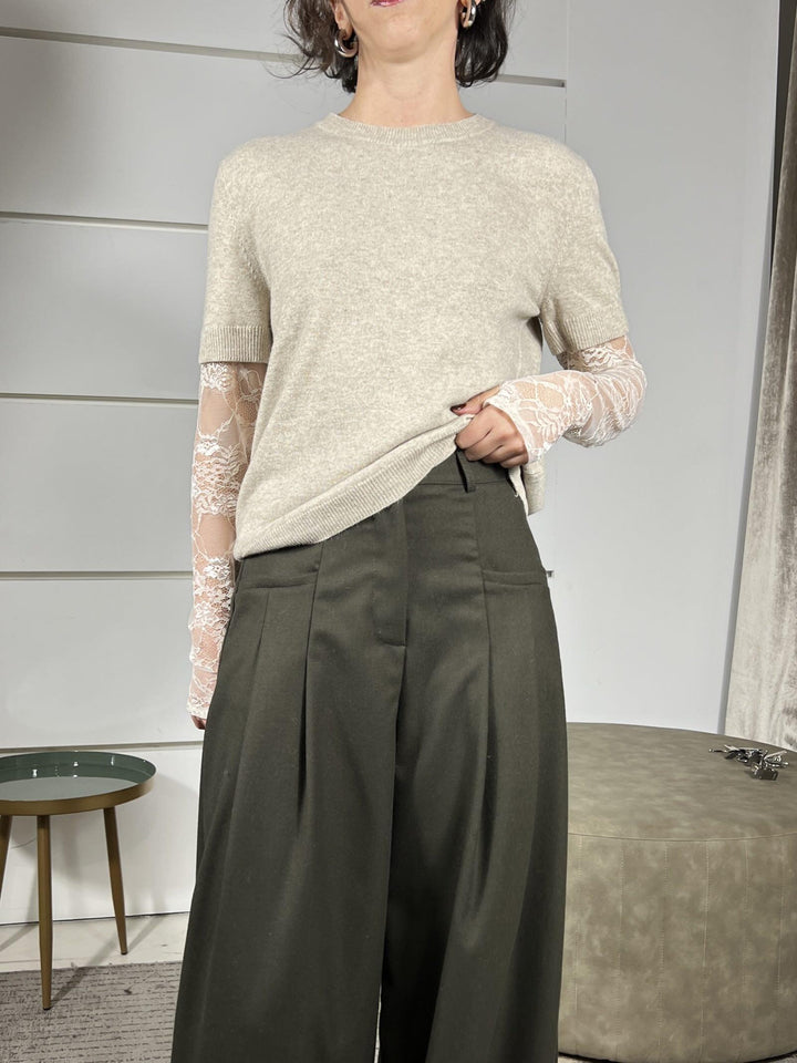 PANTALONE VERDE A PALAZZO CON PINCES IN FLANELLA TF1830VERDE MILITARE VICOLO