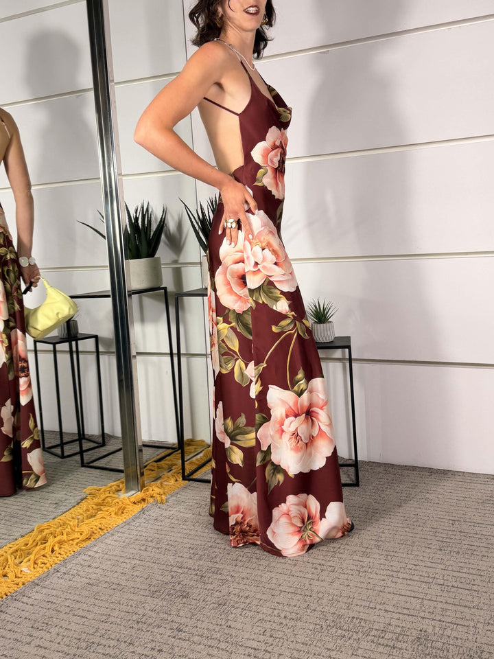 abito bordeaux lungo satin con stampa fiori e scollo nel retro LD5640BORDEAUX LUMINA