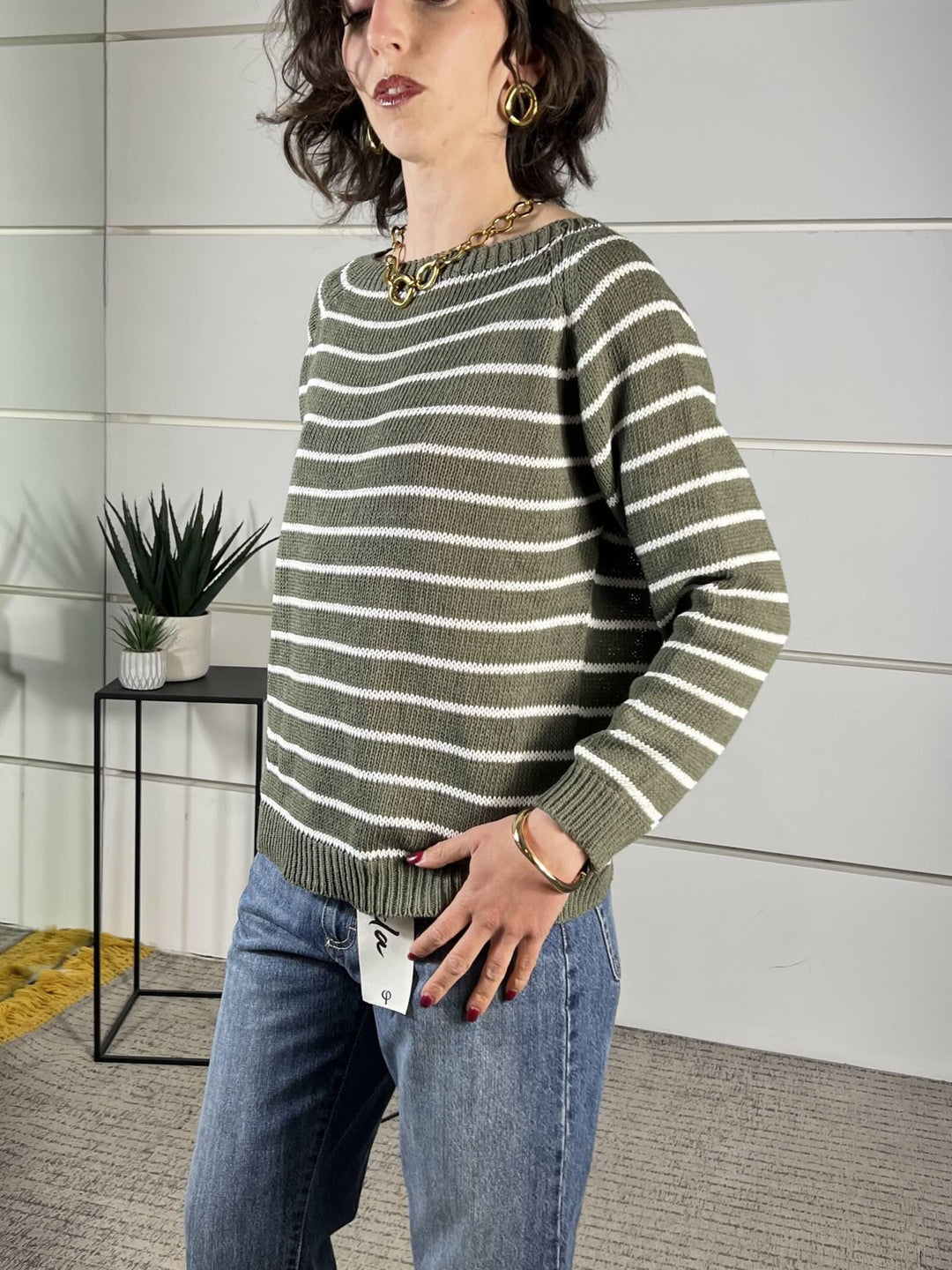 maglia a  barca rigata manica lunga verde militare e panna W26063VERDE MILITARE SUSY MIX
